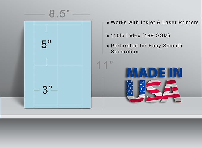 Plain Blue Printable Index Cards 3x5 - Index Card Sheets for Inkjet & Laser Printers - Perforated cards 4 per page - 25 Sheets / 100 Index Cards
