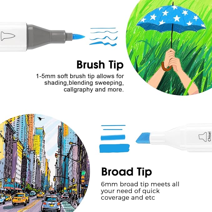 Alcohol Markers,60 Colors Dual Tip Brush & Chisel Tip Art Marker Set,for Blending & Shading,Ideal for Coloring Books and Professional Artwork,Includes Blender Pen & Portable Case,Ideal for All Ages