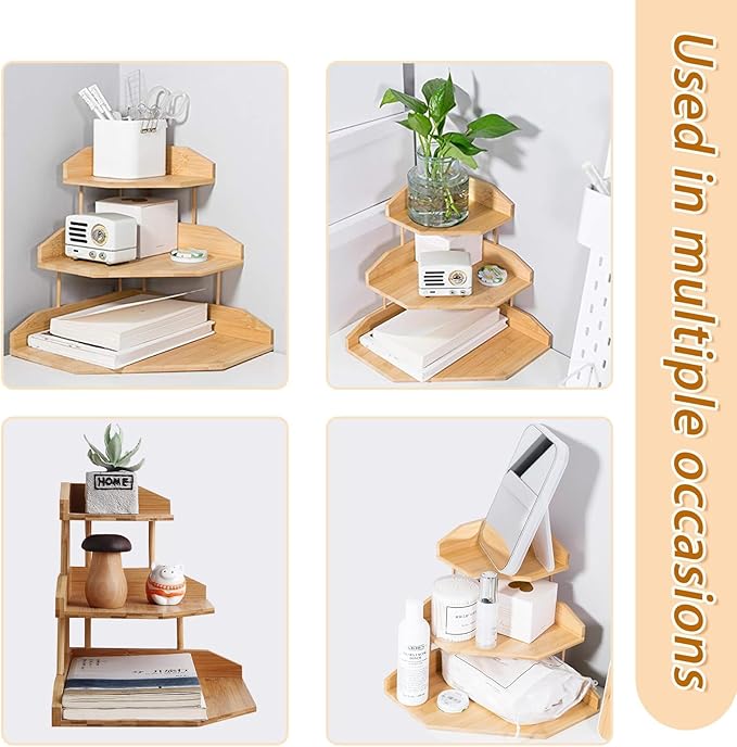 Bamboo Corner Desk Organizer Shelf, 3-Tier Triangle Storage Rack for Office & Home, Space-Saving Desktop Shelf for Books, Stationery, Makeup, Small Items