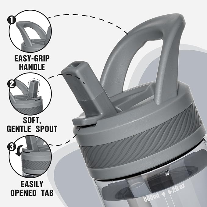 OLDLEY 20oz Kids Water Bottle with Straw, BPA-Free Tritan Water Bottle for School, Leakproof Clear Water Bottle with One Click Open, Measurement Scale, Cup Holder Friendly for Boys Girls,Grey