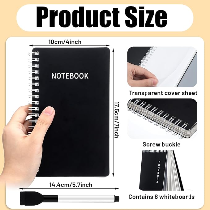 Feifeiya Portable White Board Dry Erase Notebook 4 x 7 Inch Mini White Board Dry Erase Reusable Notebook for Study, Meeting, Planning, Black