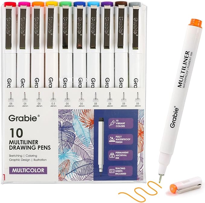 Grabie Micro Finerliner Pens, 10 Multicolor Fine Line Waterproof Drawing Pens, Assorted Point Sizes for Sketching, Illustration, Journaling, Art Supplies