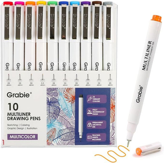 Grabie Micro Finerliner Pens, 10 Multicolor Fine Line Waterproof Drawing Pens, Assorted Point Sizes for Sketching, Illustration, Journaling, Art Supplies