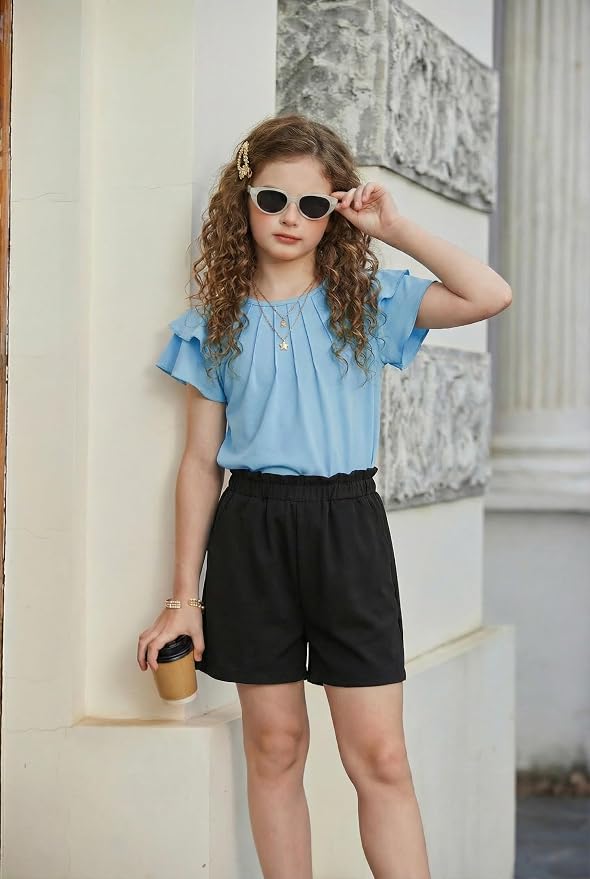Arshiner Girls 2 Piece Outfits Summer Ruffle Sleeve Top and Paperbag Waist Shorts Set with Pockets Size 5-13 Years