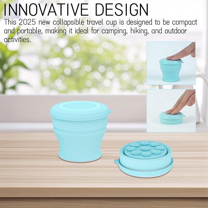Tizee 2025 New Collapsible Cups for Traveling | Silicone Foldable Water Mug with Lid and Suction Cup | Portable 5 Oz,for Camping, Hiking, and Outdoors (Pink)