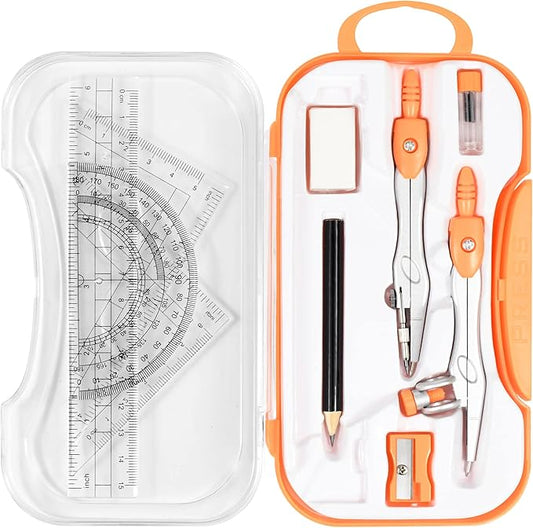 Unjoo Math Geometry Kit Sets 10 Piece Student Supplies with Shatterproof Storage Box,Includes Rulers,Protractor,Compass,Eraser,Pencil Sharpener,Lead Refills,Pencil,for Drafting and Drawings（Orange）