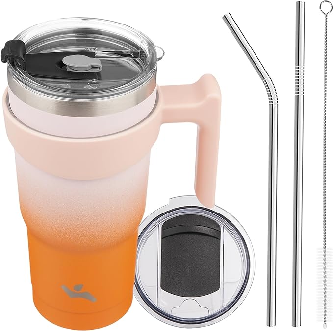 Konokyo 20 oz Tumbler with Handle and 2 Straw 2 Lid, Insulated Water Bottle Stainless Steel Vacuum Cup Reusable Travel Mug,Coral