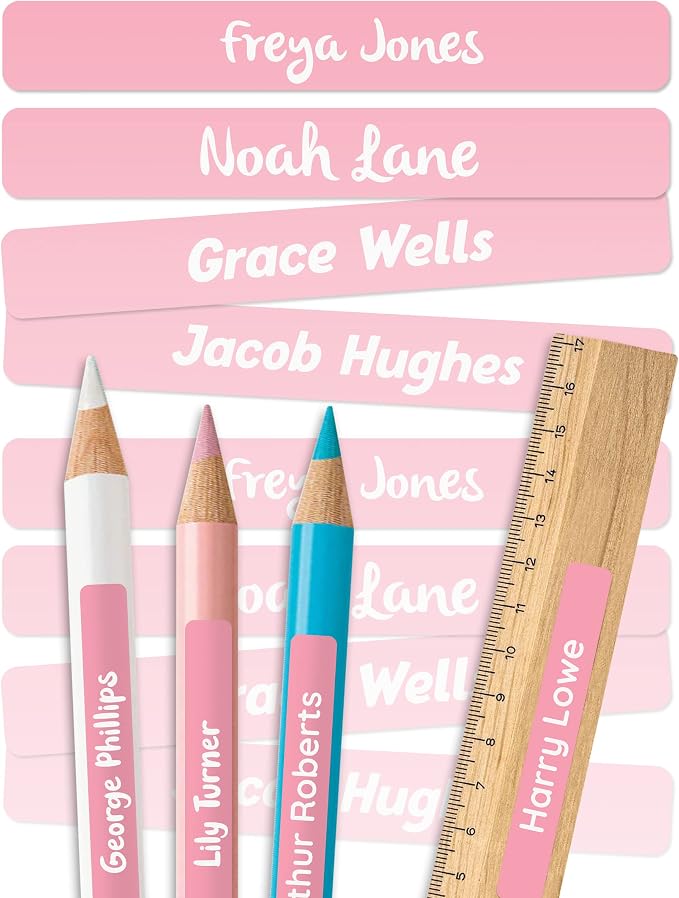 Personalized Kids Name Labels for Pencils Pink [150pcs] - Waterproof Name Stickers for School & Daycare - Pencil Custom Name Stickers - Children Name Stick On Labels for Pens (2.0”x0.3”)