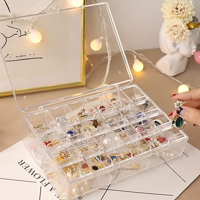 Clear Acrylic Jewelry Organizer, 30 Grids 2-Tier Jewelry Storage Box for Earrings Rings Necklaces, Dustproof Desktop Organizer for Women and Girls (Clear)