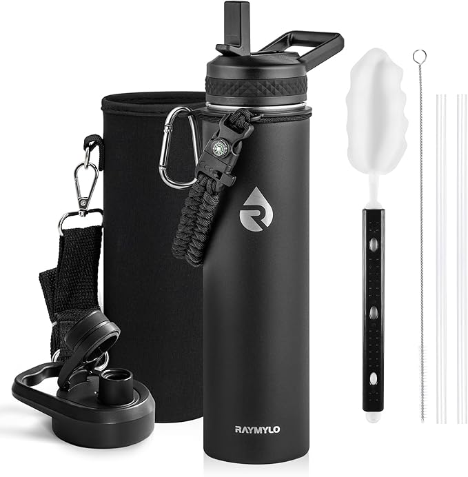 RAYMYLO Insulated Water Bottle 24oz, Triple Wall Vacuum Stainless Steel (Cold for 24Hrs, Hot for 12Hrs), Leak Proof & Non-BPA, 24oz Hydro Water Flask with Paracord Handle & Straw Spout Lids
