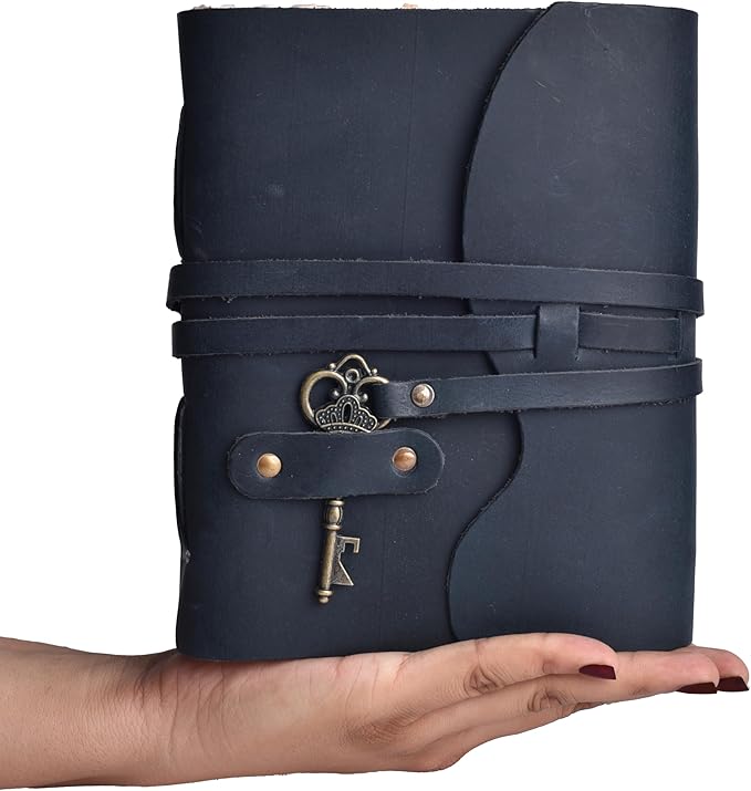 LEATHER VILLAGE Vintage Leather Journal – 200 Handmade Vintage Deckle Edge Paper – Leather bound Journal For Women Men – Vintage Key Closure - Book of Shadows - Blue - 6X4 inches (A6)