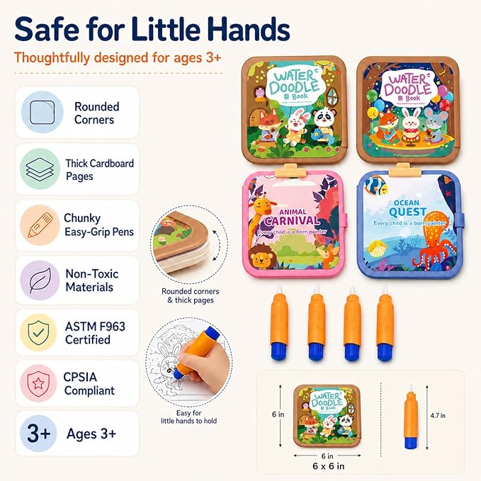 Water Coloring Book for Toddlers Ages 3-5 - 4 Pack Reusable Mess Free Magic Paint with Water Books, 36 Pages Activity Set + 4 Water Pens, Travel Toys for Kids Boys Girls Preschool Learning