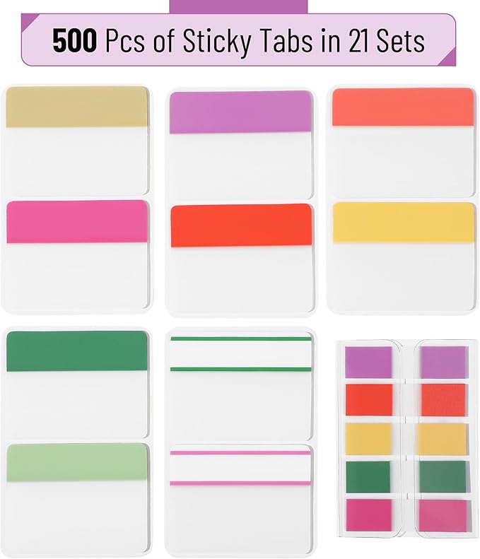 Mr. Pen- Sticky Index Tabs, 500 Pcs, 21 Sets, Colorful, Writable Colored Pages Markers Labels for Reading Notes, Books, Binders, Notebook, Folders and Classify Files, Water-Resistant