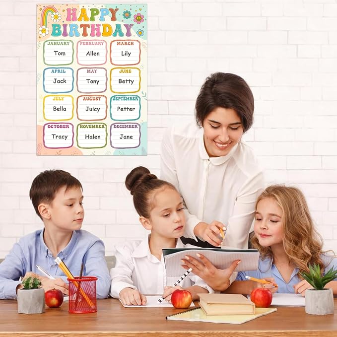 FaCraft Boho Birthday Chart Poster for Classroom - 16.5"x12" Reusable Laminated Happy Birthday Calendar with Glue Dots Bulletin Board Decorations Back to School Teacher Supplies Class Wall Decor