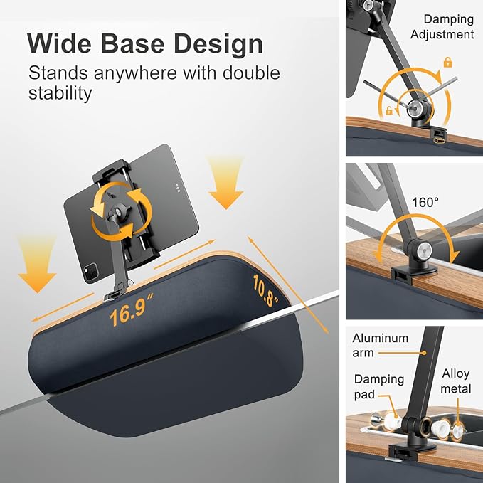 ERGONOV Tablet Pillow Stand for Lap Use,Adjustable iPad Holder with Snack Bowl,360° Rotating Clip for 4.7-13" Kindle,Phone,Tablet.Ideal for Hands-Free Reading and Relaxation on Bed,Couch,Recliner,Gray
