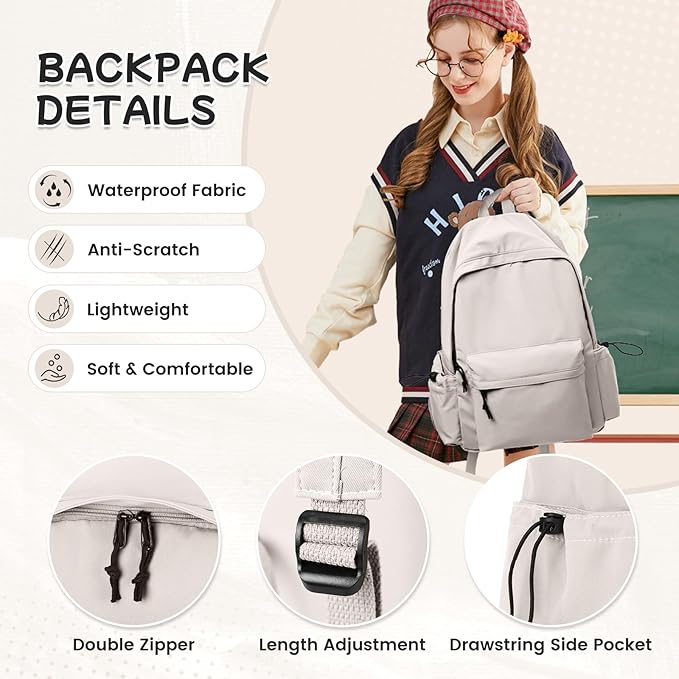 Beige Backpack for School Women Girls, Waterproof Bookbag Cute High School Back Pack for Men Teen Boys, Lightweight Travel College Backpack Mochilas Escolares para Casual Daypack Rucksack