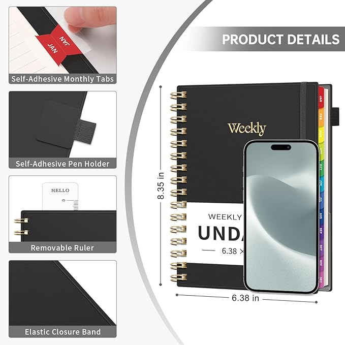 EMSHOI Undated Planner, Weekly and Monthly Calendar, 53 Weeks and 12 Months, A5 (6.38" x 8.35"), 100GSM Thick Paper, PVC Cover, Monthly Tabs, Note Pages, Start Anytime