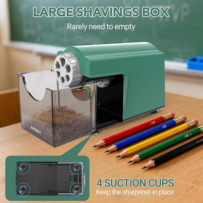 AFMAT Electric Pencil Sharpener for Classroom, 6 Holes, Cordless & Rechargeable, Super Fast, Auto Stop, 10K+ Uses, Heavy Duty Pencil Sharpener for 6-11mm No.2/Large/Colored Pencils PSD4(Green)