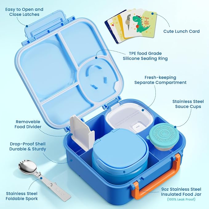 wiwens Kids Bento Lunch Box with Soup Thermo Food Lunch Container for Kid | 4 Compartment Leak-Proof Kids Lunch Box,9oz Stainless Steel Insulated Hot Food Jar,for Boys Girls Toddler to School Travel