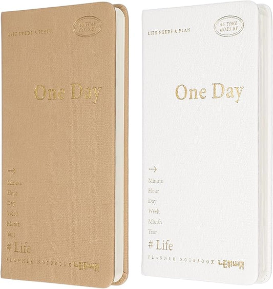 PATIKIL 2Pcs Planner Notebook, 7 x 3.8" 96 Sheets Undated Daily Planner Pocket to Do List Daily Weekly Goals Notebook for Office Home Study Work Time Management Habit Tracker, Brown, White