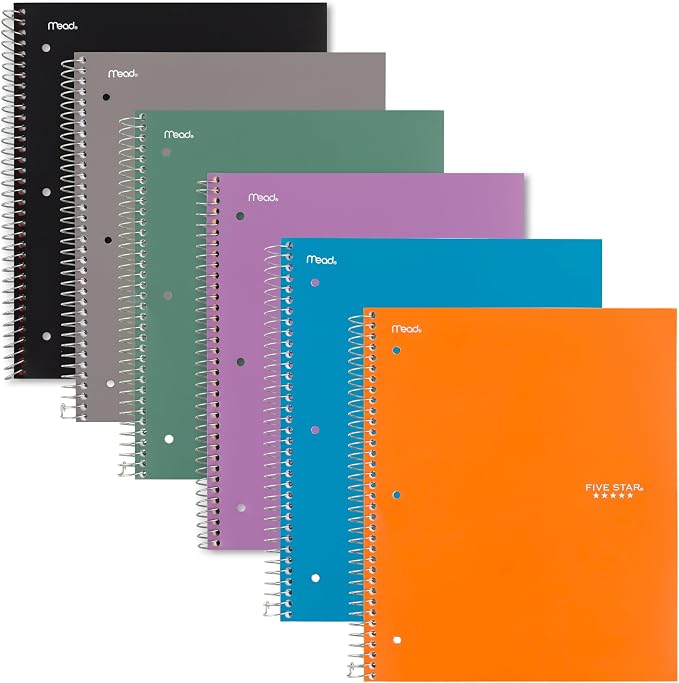 Five Star Spiral Notebook + Study App,1 Subject,Graph Ruled Paper,8-1/2" x 11",100 Sheets,Fights Ink Bleed,Water Resistant Cover,Assorted Colors (73549),6 Count (Pack of 2)