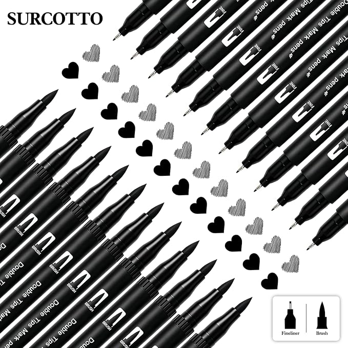 Surcotto Black Markers for Drawing,12 Pack Drawing Pens, Brush Pens with Felt Tips for Artists, Dual Tip Brush Fineliners Pens, Calligraphy Pens, for Art Drawing Sketching Journaling, Black