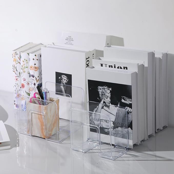 4 Pack Clear Acrylic File Sorter, Sturdy Desktop Book Folder Organizer, 4 Section Purse Handbag Clutch Divider for Closet, Office Storage Rack Holder for Letter, Binder, Document, Electronics