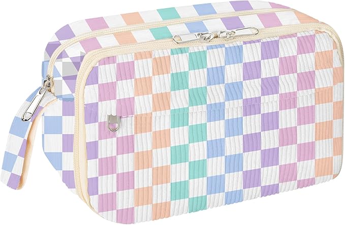 WOBAGMEN Cute Pencil Case,Large Corduroy Zippered Pencil Case Pouch, aesthetic Pencil Bag with Compartments, Pencil Pouch School Supplies (Colorful checked)