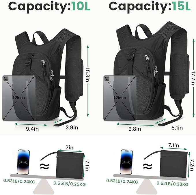 Small Hiking Backpack 15L- Lightweight Packable Foldable Backpack for Travel Camping Outdoor Commute, Compact Rucksack for Women Men(Black)