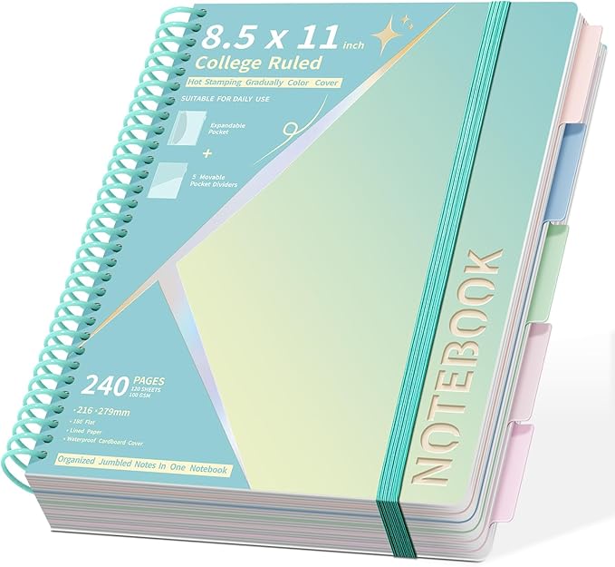 Spiral Notebook 8.5" x 11" College Ruled Hardcover Journal for Women with Removable Dividers 240 Pages 100GSM Thick Lined Journal for Writing Large 5 Subject Notebooks for School, Green