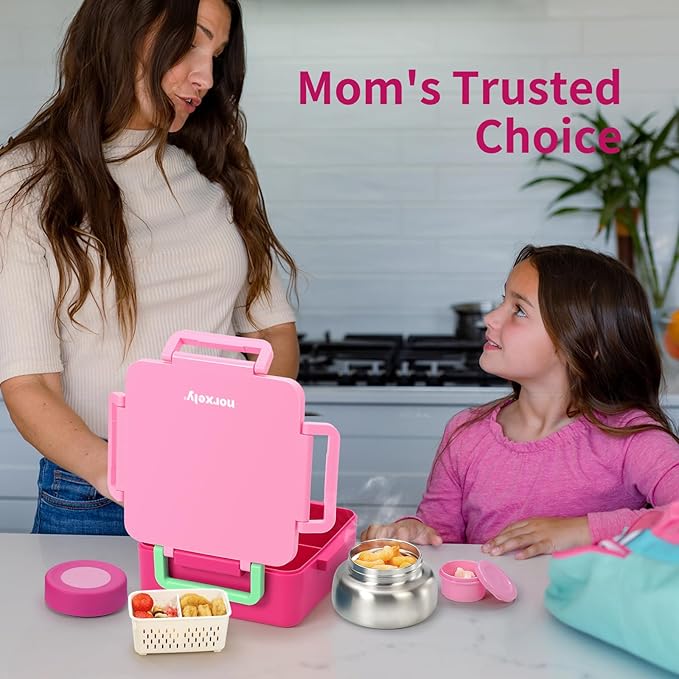 Bento Box for Kids with Thermos, [Large Capacity] Insulated Lunch Box Kids with 4 Compartment for Ages 3+, Drop-Proof & Dishwasher Safe Lunchbox Container Pink