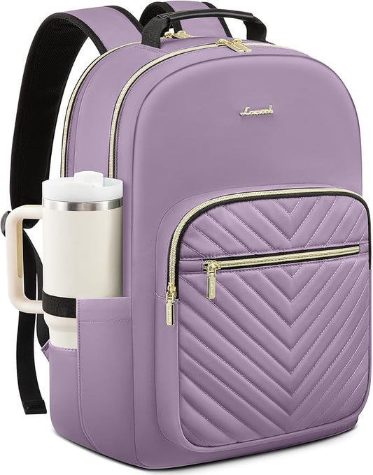 LOVEVOOK Laptop Backpack for Women with Giant Tumbler Holder 18.4 inch,Designer Travel Backpack Laptop Bag College Backpack,Quilted Work Nurse Teacher Backpack Purse Computer Bag Daypack,Taro Purple