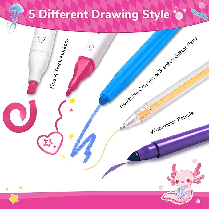 Axolotl Arts and Crafts for Girls Ages 4-5-6-7-8, 70 PCS Art Supplies Set with Kawaii 3D Pink Pencil Case, Washable Dual Markers, Scented Gel Pens, Twist-up Crayons & Axolotl Stickers, Birthday Gift