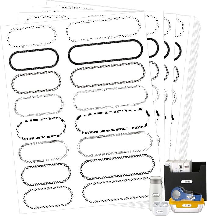 480PCS Waterproof Labels for Bottles, Self-Laminating Multipurpose Name Labels for Daycare School (Black & White)