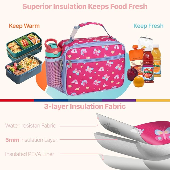 Bagseri Kids Lunch Bag Girls - Thermal Insulated Lunch Box Tote with Water Bottle Holder, Reusable Leak-Proof Kids Lunch Box for Daycare & School, Rose Pink Butterfly (Containers Not Included)