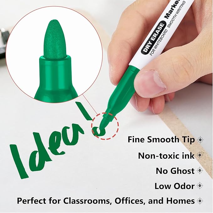 SFAIH Fine Tip Dry Erase Markers - 24 Pack Green Whiteboard Erasable Markers Bulk, Ideal For Progress Tracking, Teaching and Brainstorming, Approval & Eco-Conscious Planning, Non-Toxic Easy Clean