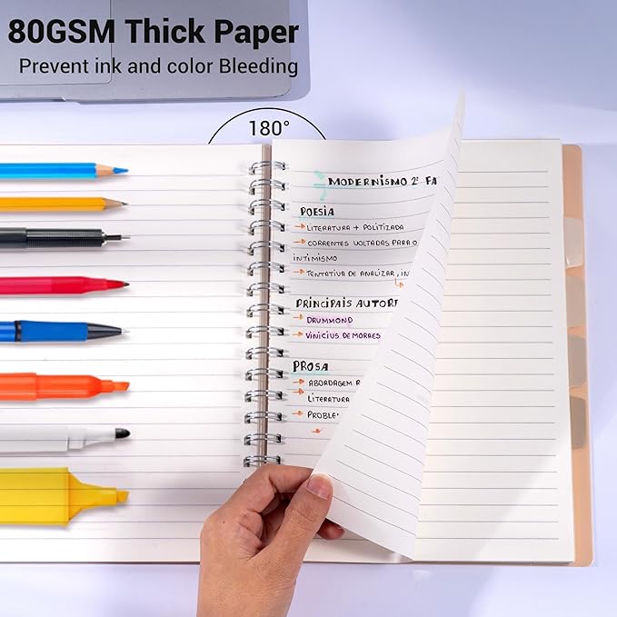 FLYING EAGLE Small Spiral Notebook 5 Subject Notebook Wide Ruled with Dividers Tabs Waterproof Plastic Cover Thick Paper Notebooks for Work School, 7x10 Orange