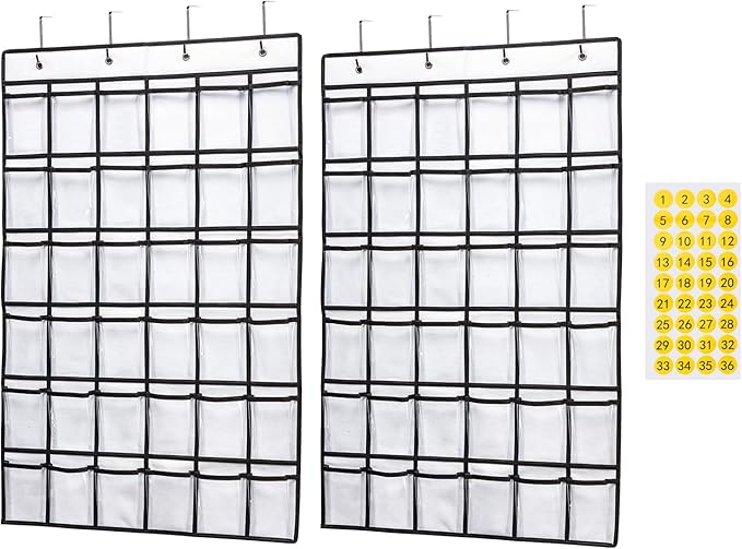 SAVERHO 2 Pack 36 Pockets Classroom Pocket Chart for Cell Phone Calculator Holder,Clear Pocket Chart Organizer for Classroom Cellphone Storage with 36 Number Sticker Size:38.5x25.7 Inch (White-2pack)