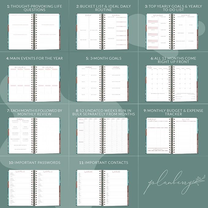 PLANBERRY Hourly Schedule Planner Premium – Undated Weekly Organizer with Time Slots & Monthly Budget – Time Management, Goal Setting, to-Do List & Habit Tracker –6.9″x8.5″(Green Pastures)