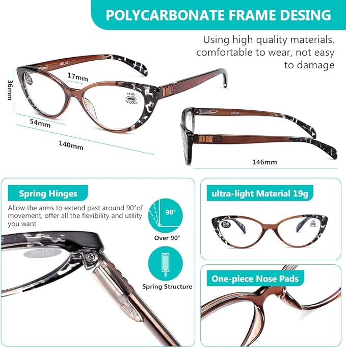 4 PACK Cat Eye Reading Glasses for Women Blue Light Blocking Readers with Spring Hinge Anti Glare UV（Mix,2.5）