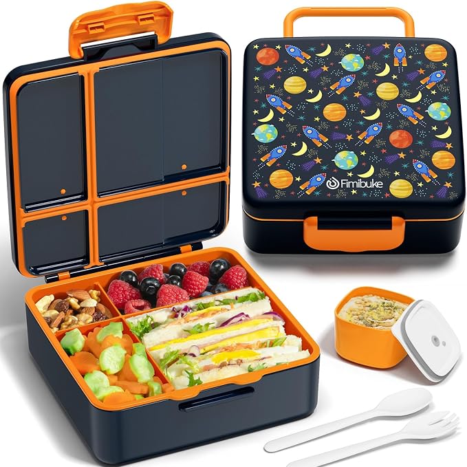 Fimibuke Bento Lunch Box for Kids, Toddler Bento Box with 4 Compartments | Leak Proof BPA Free Dishwasher Safe Lunch Container with Utensils, Ideal Portion Sizes for Ages 3-12 Girls Boys for School