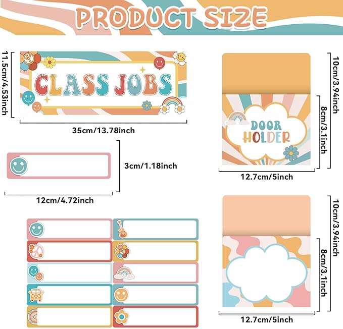ZOiiWA 81pcs Groovy Class Jobs Bulletin Board Hippie Themed Classroom Jobs Pocket Chart Set Teacher's Helper Chalkboard Decor Classroom Bulletin Board Set Wall Decoration for Back to School Supplies