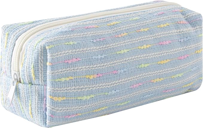 Cute Striped Pencil Case for Girls Large Capacity Aesthetic Pen Pouch with Zipper Stationery Organizer Bag for School Office Durable Pencil Box for Teens Students Women Kids (Square-Blue)
