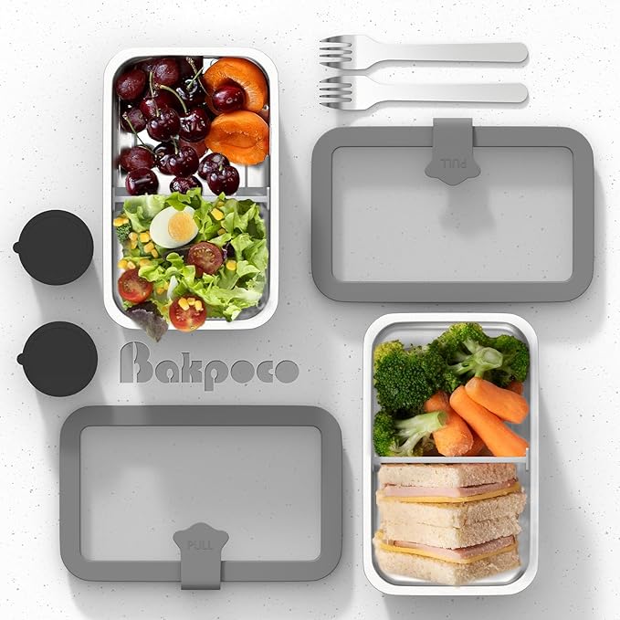 Bakpoco Stainless Steel Bento Box for Adult, 42oz Leak-Proof Lunch Box Containers with Adjustable Divider, Microwave-Safe, Metal Lunchbox with Glass Lid for Work Travel, Black