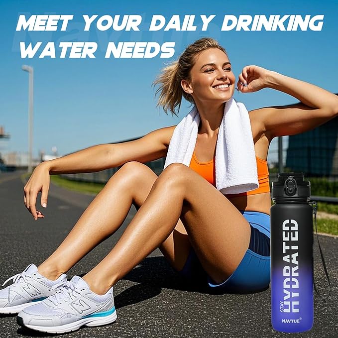 Water Bottle, 32 oz Sports Water Bottles with Time Marker Wide Mouth, Motivational and Leakproof Drink Bottle, BPA Free Tritan with Carry Strap for Gym Fitness Outdoor(1 Bottle)