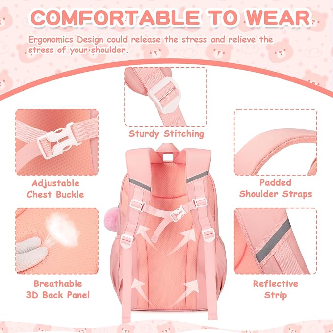PIG PIG GIRL Kids Backpack for Girls School Bags for Middle School Students Book Bag for Elementary Primary Kawaii Ita Backpack, Pink and Beige