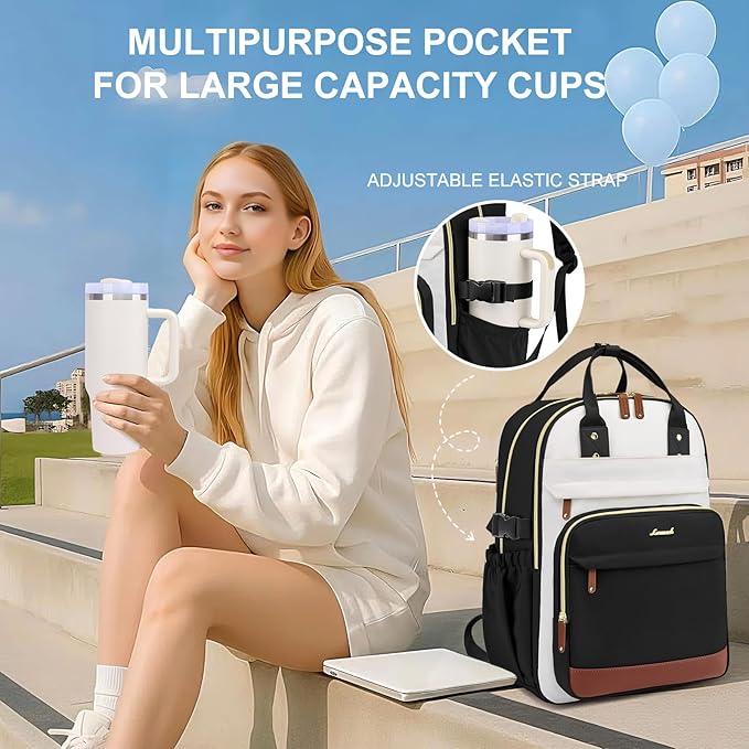 Laptop Backpack for Women Bag: 15.6 inch Backpacks with Pouch Pocket for Large Capacity Cup Travel Waterproof Bookbag Anti-theft College Casual Work Book Bags for Teacher Nurse Black Beige