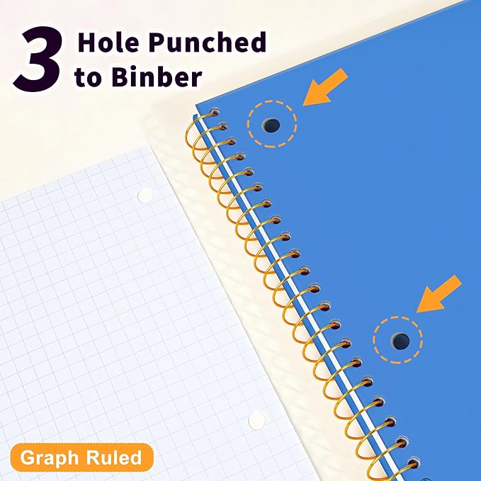 Spiral Notebook Graph Ruled Paper 8" x 10 1/2", 1 Subject Spiral Grid Notebook 3-Hole Punched Perforated Page Ideal for School, Office, Writing, 95 Sheets Lined Journaling Graphing Notebook, Blue