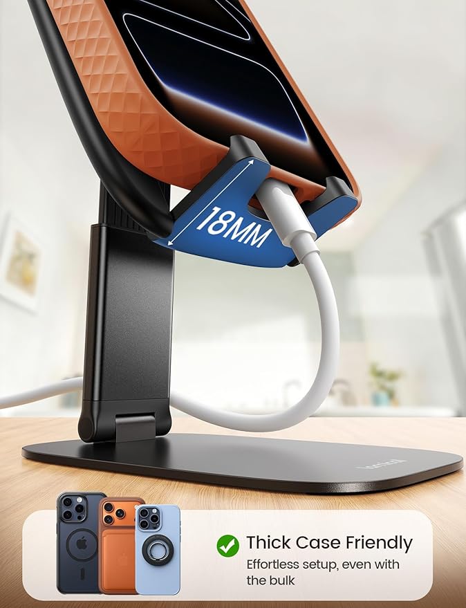 Lamicall Ultra-Thin Phone Stand for Desk, Foldable Cell Phone Holder Height Adjustable, Sturdy Weighted Base, Thick Case Friendly for Home Office Travel, Fit iPhone 17 16 15 13 Pro Max, Galaxy S26
