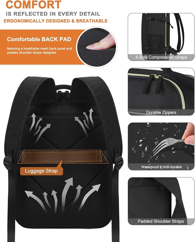 Capolo Travel Backpack for Women Men Waterproof Laptop Backpack Airlines Approved Carry On Backpack Bag Computer Bookbag for Business, Work, Traveling Fits 17 Inch Laptop(Black)